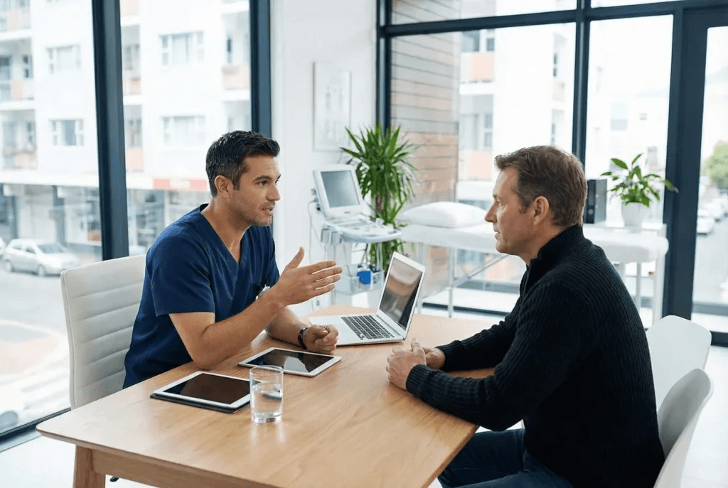Mature man speaking privately with a healthcare professional